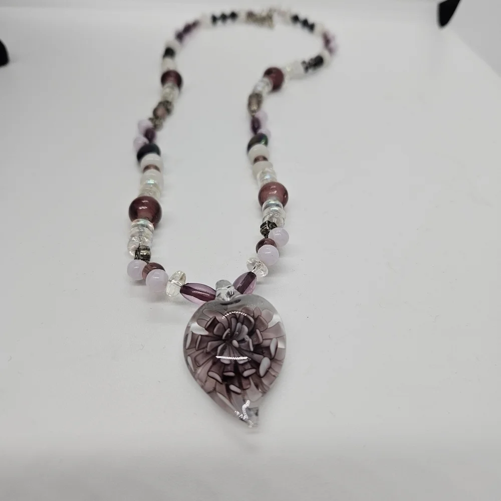 purple and clear beaded art glass pendant necklace